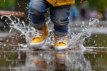 Child plays in puddle wearing yellow rain boots during a rainy day in the park
