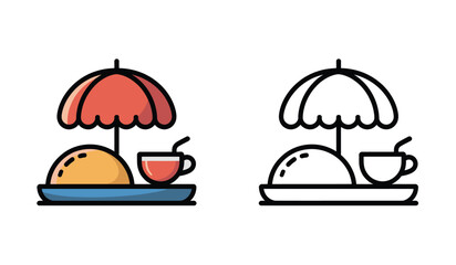 Beach Breakfast Illustration with Cute Parasol, Bread, and Coffee, Modern and Playful Style