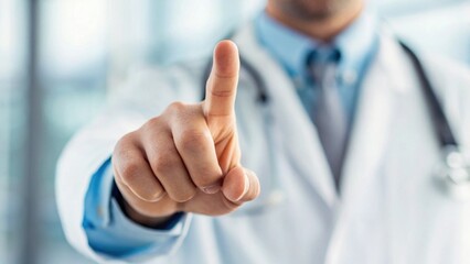A doctor in a white coat points forward, symbolizing interaction with a virtual or digital interface.