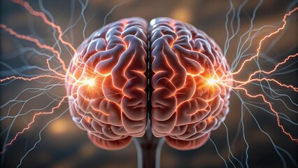 A detailed digital illustration of a human brain with glowing neural connections and electrical impulses highlighting brain activity.