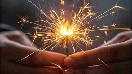 Two hands hold a lit sparkler emitting bright, golden sparks in a dark setting, capturing a festive and celebratory moment.