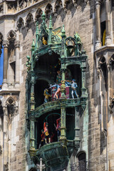 Glockenspiel, large mechanical clock on New Town Hall, Neues Rathaus, on Marienplatz square in Munich in Bavaria, Germany