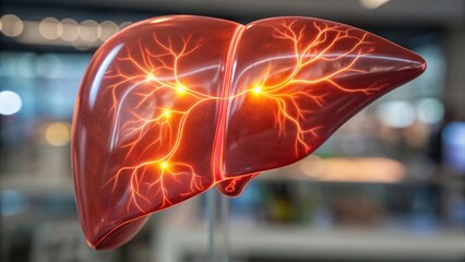 A detailed 3D model of a human liver highlighting its internal blood vessels glowing in a scientific, medical environment.