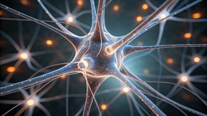 Close-up digital illustration of interconnected neurons transmitting electrical impulses in a neural network.