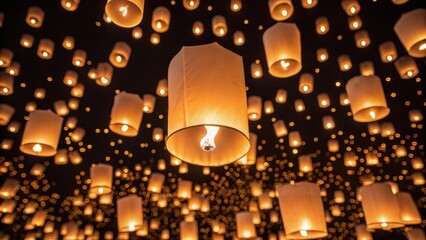 Numerous glowing sky lanterns float upwards against a dark night sky, creating a magical and serene atmosphere.
