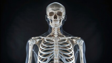 A detailed front view of a human skeleton showing skull, ribcage, and upper arm bones against a dark background.