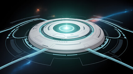 The futuristic sci-fi user interface features a glowing circular HUD, radial digital indicators, translucent white and blue technological elements, a minimalistic layout, soft lighting, and a cyber in