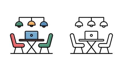 Fototapeta premium Colorful Workplace Illustration Office Tables with Laptops and Chairs Minimalist and Outline Workspace