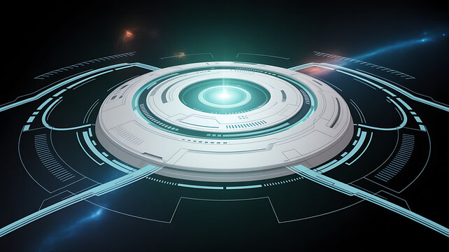 The futuristic sci-fi user interface features a glowing circular HUD, radial digital indicators, translucent white and blue technological elements, a minimalistic layout, soft lighting, and a cyber in