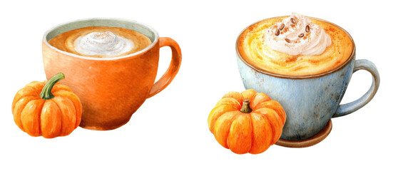 Halloween pumpkin coffee watercolor clipart set