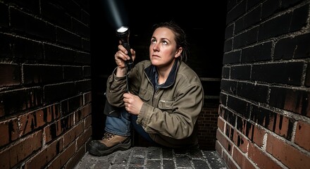 Female chimney sweep inspecting flue with flashlight
