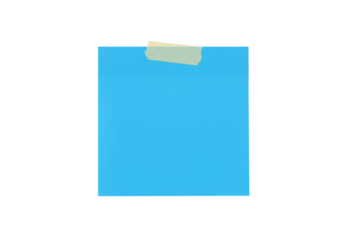 A pristine, blank vibrant deep blue square sticky note, slightly tilted counter-clockwise and secured by light beige masking tape, against a flawless transparent background with ample copy space,