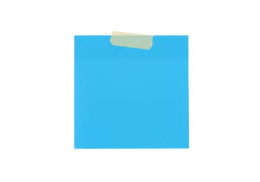A pristine, blank vibrant deep blue square sticky note, slightly tilted counter-clockwise and secured by light beige masking tape, against a flawless transparent background with ample copy space,