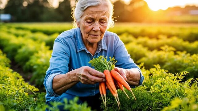 Senior farmer woman harvesting vibrant, fresh carrots in her garden during a picturesque sunset, embracing the beauty of rural agriculture