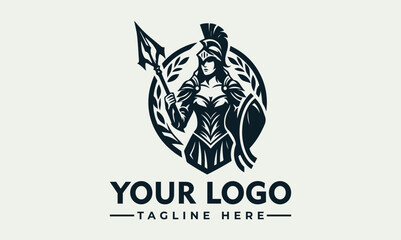 A powerful female warrior, adorned in armor, wielding a spear and shield, encircled by laurel leaves, forms a striking logo design.