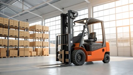 A bright orange forklift is parked on the clean concrete floor of a large, well lit industrial warehouse with many stacked boxes.