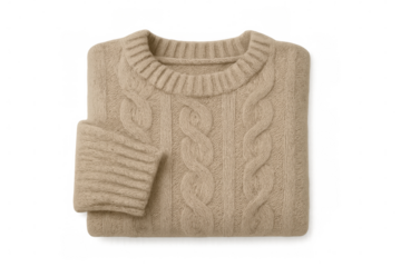 Warm beige cable knit sweater folded neatly, showcasing its texture and craftsmanship, isolated on a transparent background