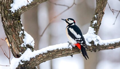 A woodpecker perched on a snowy branch