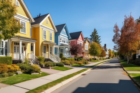 Vibrant victorian style houses create a picturesque scene along a tree lined street during the fall season