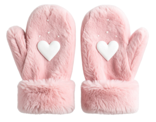 Fuzzy Pink Mittens with Heart Embroidery, isolated on a transparent background.