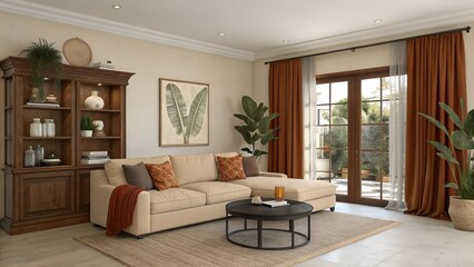 A modern living room features a comfortable beige sectional sofa and round coffee table. Warm curtains and green plants create an inviting, peaceful home interior space.