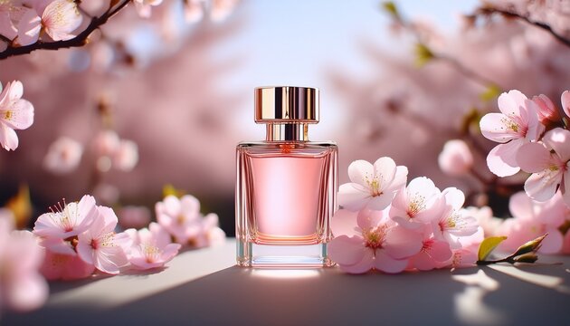 elegant presentation of pink perfume bottle surrounded by delicate cherry blossoms