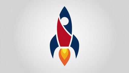 Simple Red and Blue Rocket Launching on Gray Background