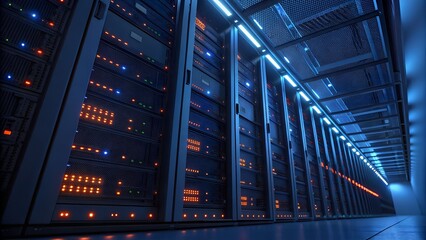 Rows of powerful server racks glow with vibrant lights inside a modern data center, actively processing digital information and supporting global networks.