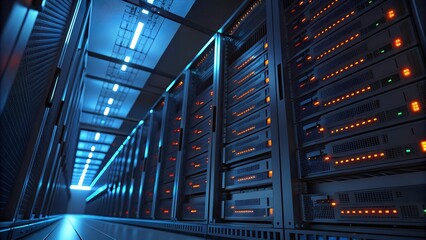 Modern data center features rows of server racks with glowing lights, indicating active digital information processing and high tech network operations.