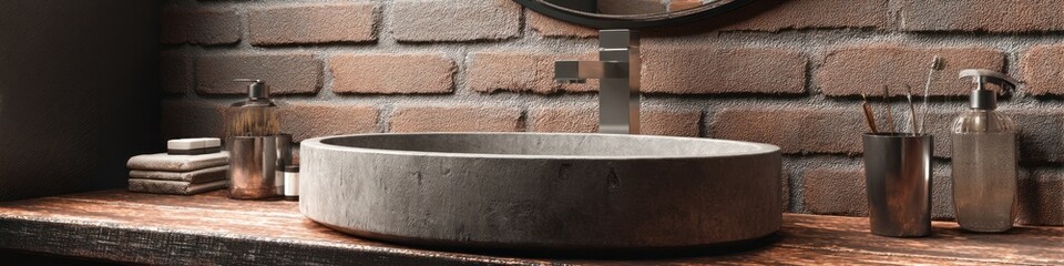 A rustic bathroom vanity with a stone sink and brick wall providing a warm and textured atmosphere