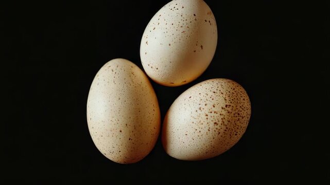 The shows four eggs with brown speckles on a dark surface. The eggs are round and have an irregular pattern of spots. The focus is sharp, highlighting the texture and patterns on the shells