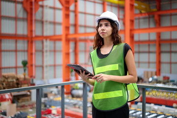 Engineer or technician working on tablet in the factory