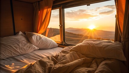 Empty bed inside a cozy camper van, bathed in golden light from a stunning sunrise over distant mountains and green hills.