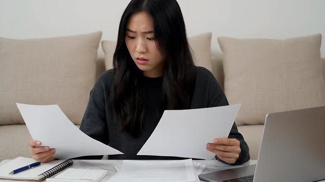 Young Asian woman stressed by financial documents reviewing bills and budget at home experiencing money problems and debt anxiety personal finance management