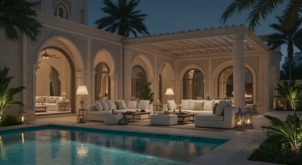 Obraz premium Wooden garden furniture on terrace with a floor constructed of wood boards - variation