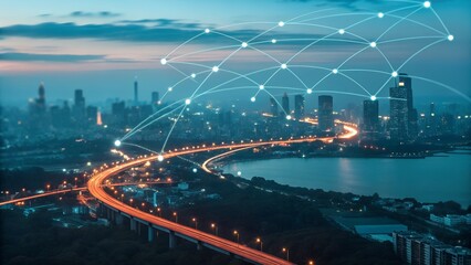 Digital network lines connect over a modern city at night, with bright car lights flowing on major roads below.