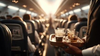 First-person view of steward serving drinks on airplane aisle