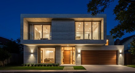 The modern facade of a luxury villa with a large swimming pool.  MODERN property - alternative version