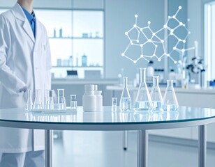 Advanced scientific research in a modern laboratory. A scientist in a white coat studies a molecular structure for new cosmetic or pharmaceutical formulations.