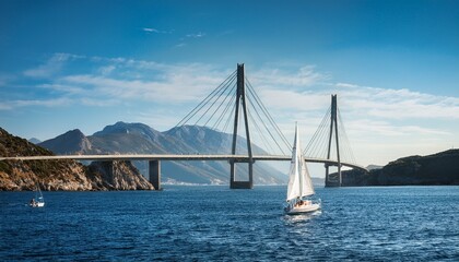 picturesque seascape featuring a sailboat sailing under a bridge with mountains in the background