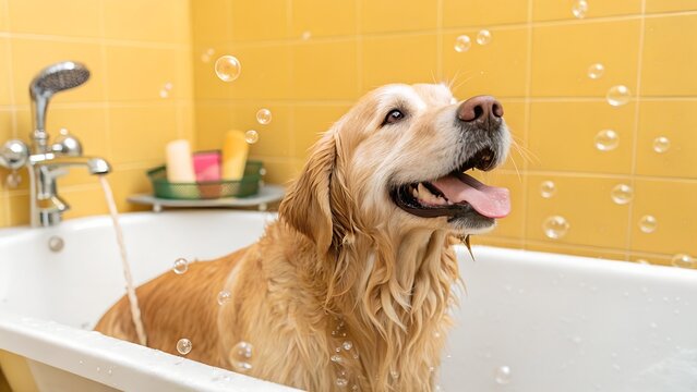 A cute golden retriever dog has a happy time getting washed in a clean white bathtub filled with water and floating bubbles.