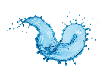 Vibrant blue water splash, thousands of intricate droplets frozen in mid-motion, sculptural shape, isolated against a transparent background with bright studio lighting, concept of fluid dynamics