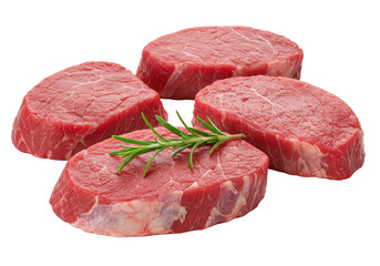Three raw, lean, crimson red prime beef/pork loin cuts, moist, fine fibers, minimal marbling, on a transparent studio background with a vibrant rosemary sprig, 3/4 view, ultra-realistic UHD,