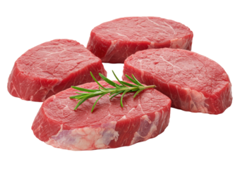 Three raw, lean, crimson red prime beef/pork loin cuts, moist, fine fibers, minimal marbling, on a transparent studio background with a vibrant rosemary sprig, 3/4 view, ultra-realistic UHD,