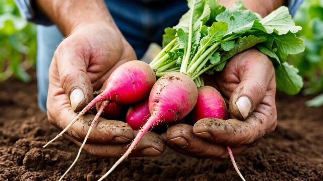 Farmer displaying freshly harvested pink radishes in muddy hands, highlighting the essence of organic farming and sustainable agriculture