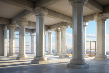 Fototapeta premium Concrete pillars supporting a roof under construction, offering a view of the city on a sunny day