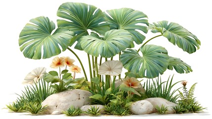 Lush 3D Render of Tropical Plants with White Rocks
