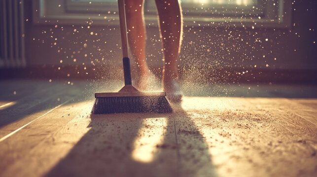 Sweeping floor with sunlight