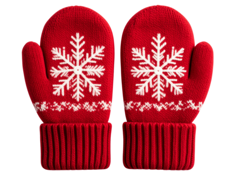 Knitted Red and White Winter Mittens with Snowflake Pattern, isolated on a transparent background.