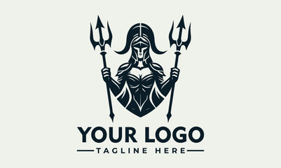 Warrior woman holding tridents, stylized logo design, with space for company name and tagline.